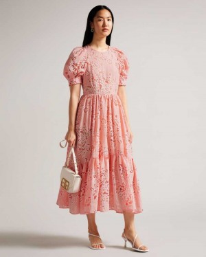 Coral Ted Baker Esthher Puff Sleeve Tiered Midi Dresses | US0000026