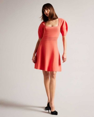 Coral Ted Baker Hayliy Puff Sleeve Skater Dresses | US0000038