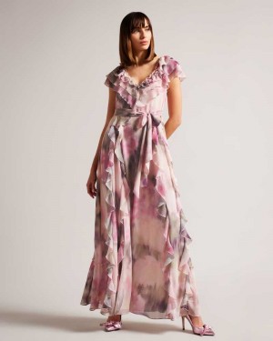 Coral Ted Baker Karenie Frilled Floral Maxi Dresses | US0000025