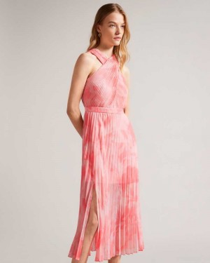 Coral Ted Baker Mirelia Cross Front Pleated Midi Dresses | US0000051