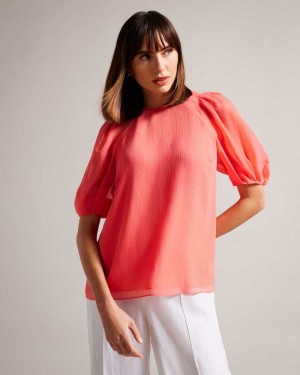 Coral Ted Baker Natelie Boxy Top with Puff Sleeves | US0000998