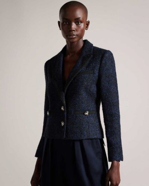 Dark Blue Ted Baker Alenaah Boucle Blazer With Embellished Detail | US0000792