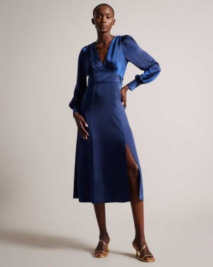 Dark Blue Ted Baker Daniia Satin Midi Dresses With Blouson Sleeve | US0000163