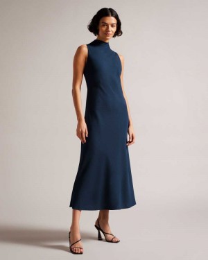 Dark Blue Ted Baker Eleanar Cowl Neck Sleeveless Midi Slip Dresses | US0000155