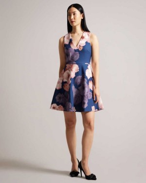 Dark Blue Ted Baker Emleey V-Neck Printed Skater Dresses | US0000123