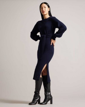 Dark Blue Ted Baker Essya Slouchy Tie Front Midi Knit Dresses | US0000042