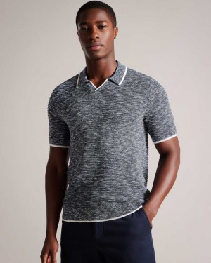 Dark Blue Ted Baker Plantr Open Collar Marled Polo Shirt | US0000551