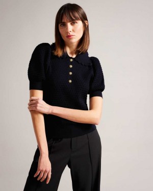 Dark Blue Ted Baker Reannia Polo Knit Top With Embellished Buttons | US0000950