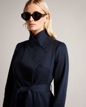 Dark Blue Ted Baker Rosina Midi Length Wrap Trench Coat Coats | US0000213