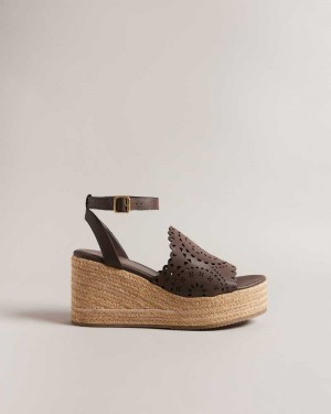 Dark Brown Ted Baker Pinky Laser Cut Wedge Espadrille Sandals | US0002138