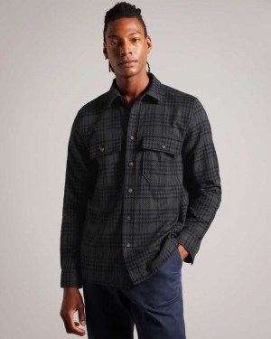 Dark Green Ted Baker Chieti Long Sleeve Textured Check Shirt | US0000654