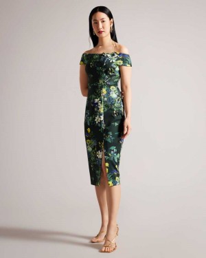 Dark Green Ted Baker Divena Floral Pleated Bardot Bodycon Dresses | US0000143