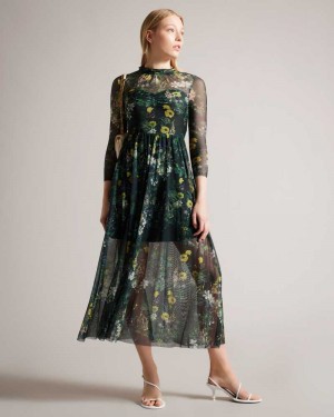 Dark Green Ted Baker Iilah Botanical Print Mesh Midi Dresses | US0000141