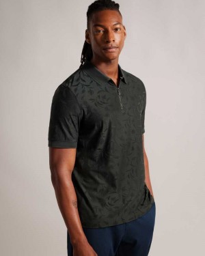 Dark Green Ted Baker Polenn Tulip Textured Zip Polo Shirt | US0000497