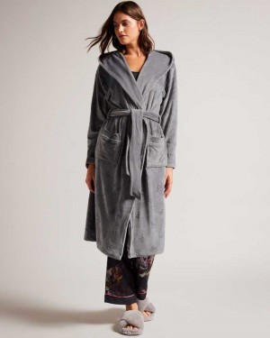 Dark Grey Ted Baker Slepsil Long Plush Hooded Dressing Gown | US0000451