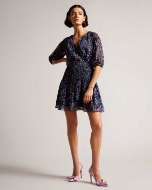 Dark Navy Ted Baker Casadee Smock Panel Wrap Mini Dresses | US0000011