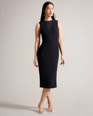 Dark Navy Ted Baker Elissii Midi Bodycon Dresses With Sheer V-Neck | US0000133