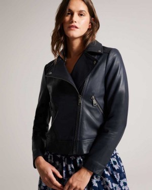 Dark Navy Ted Baker Ellaar Fitted Leather Biker Jacket Jackets | US0000231