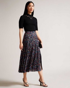 Dark Navy Ted Baker Israa Pleated Midi Skirt | US0000695