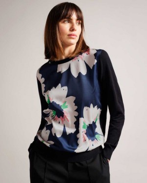 Dark Navy Ted Baker Marola Floral Front Easy Fit Jumper | US0000357