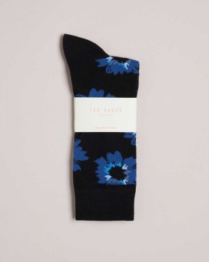 Dark Navy Ted Baker Newflor Painted Floral Print Socks | US0001926