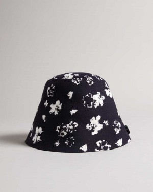 Dark Navy Ted Baker Ourne All-over flower Knitted Bucket Hat Hats | US0001709