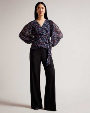 Dark Navy Ted Baker Tariaa Smocked Wrap Top With Blouson Sleeve | US0001066