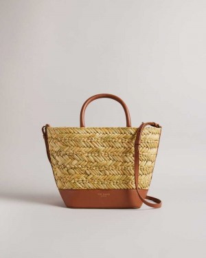 Dark Tan Ted Baker Ivelie Medium Raffia Basket Weave Tote Bag | US0001375