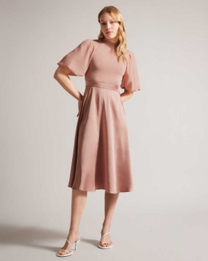 Dusky Pink Ted Baker Brontei Puff Sleeve Fitted Bodice Midi Dresses | US0000095