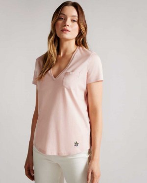 Dusky Pink Ted Baker Lovage Easy Fit V Neck T Shirt | US0000865