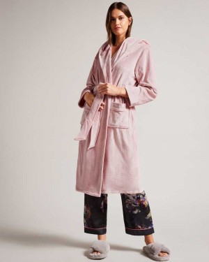 Dusky Pink Ted Baker Slepsel Long Plush Hooded Dressing Gown | US0000444