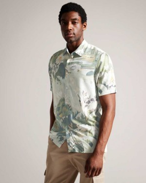 Ecru Ted Baker Oulart Short Sleeve Botanical Shirt | US0000584