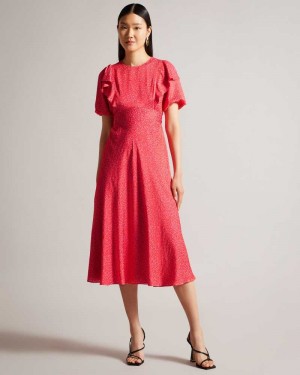 Fuchsia Ted Baker Mayyia Geometric Floral Puff Sleeve Midaxi Dresses | US0000113