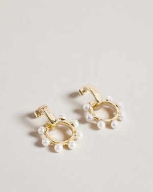 Gold Colour Ted Baker Petunaa Pearl Bubble Drop Hoop Earrings Earrings | US0001792