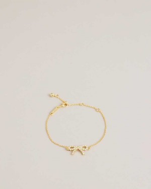 Gold Colour Ted Baker Tulliat Crystal Bow Dainty Bracelet Bracelets | US0001764