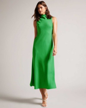 Green Ted Baker Eleanar Cowl Neck Sleeveless Midi Slip Dresses | US0000104