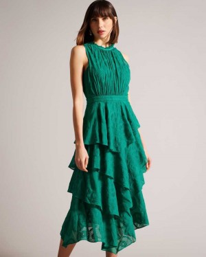 Green Ted Baker Floryah Embroidered Midi Dresses With Tiered Skirt | US0000016