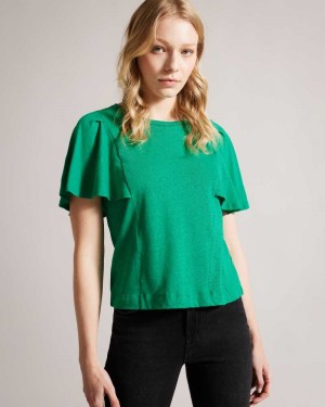 Green Ted Baker Hallenn Ruffle Sleeve T-Shirt | US0000886