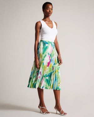 Green Ted Baker Lopehz Painted Floral Pleated Midi Skirt | US0000700