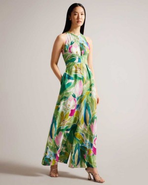 Green Ted Baker Rachily Halterneck Jumpsuit With Wrap Bodice Detail | US0000103