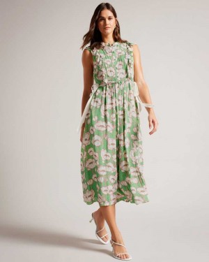 Green Ted Baker Tindraa Sleeveless Frilled Midi Dresses | US0000116