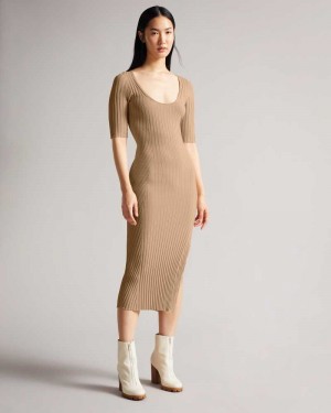 Light Brown Ted Baker Kiierra Side Slit Detail Knit Dresses | US0000068