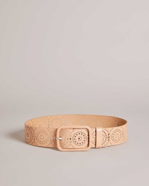 Light Brown Ted Baker Prelt Laser Cut Wide Leather Belt | US0001628