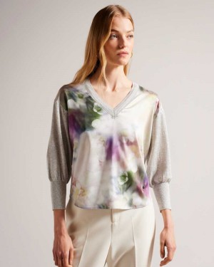 Light Green Ted Baker Beatric Woven Front Floral Jumper | US0000356