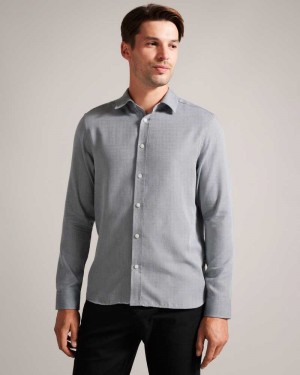 Light Grey Ted Baker Crotone Long Sleeve Herringbone Shirt | US0000655