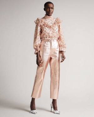 Light Pink Ted Baker Ailsaa Metallic Leather Trousers | US0001148