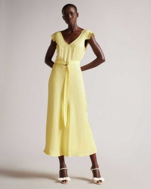 Light Yellow Ted Baker Noemi V Neck Bias Cut Midi Dresses | US0000099