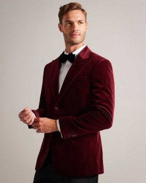 Maroon Ted Baker Edwardj Peaked Lapel Velvet Blazer | US0000181