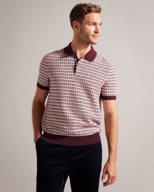 Maroon Ted Baker Notae Geometric Knit Polo Shirt | US0000506