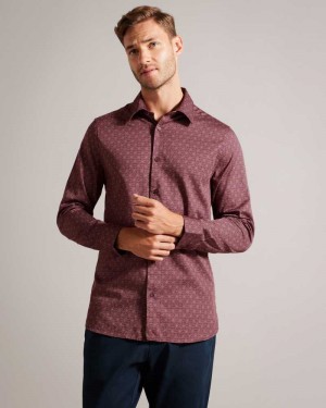 Maroon Ted Baker Pavia Long Sleeve Geometric Star Print Shirt | US0000583